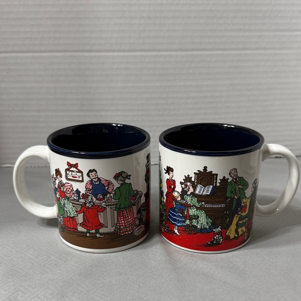 Potpourri Press Victorian Family Scene Christmas Mugs Cup Set of 2 Japan Vintage